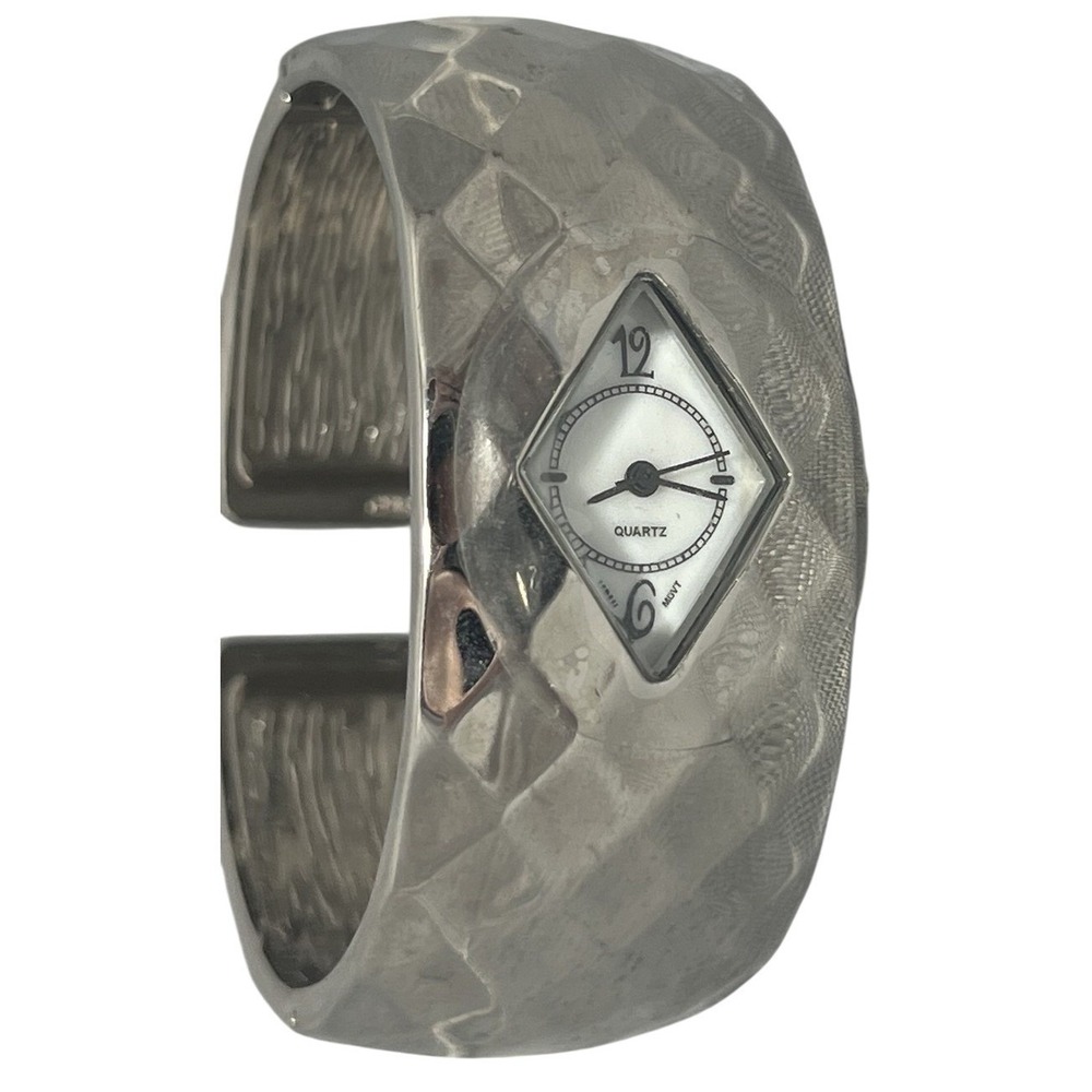 Quartz Bangle Cuff Wristwatch Silver Tone Diamond Shaped Dial Untested